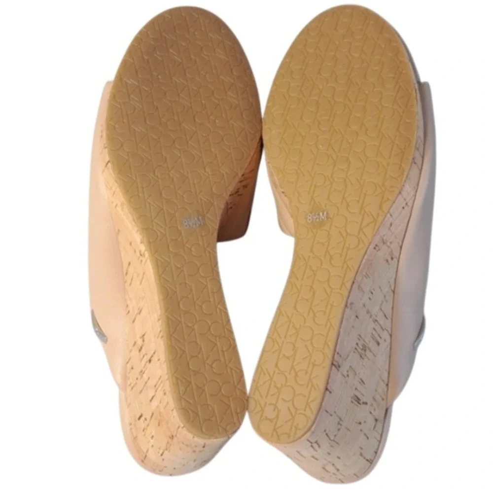 Calvin Klein Women's Size 8.5 Nude Wedge Slide Sandals Cork‎ Heel open Toe New